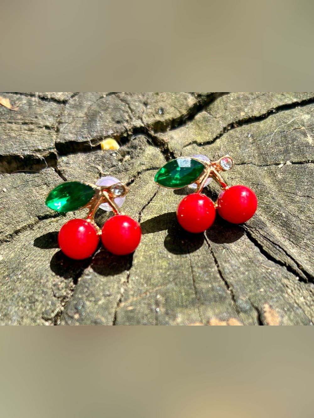 🍒 Gold-Tone Cherry Stud Earrings with CZ and Green Leaf Accents